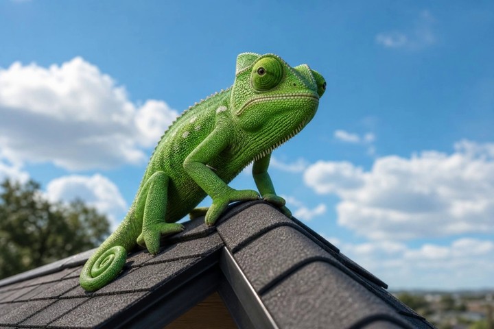 Chameleon perched on roof ridge — 360° vision, we see what others miss