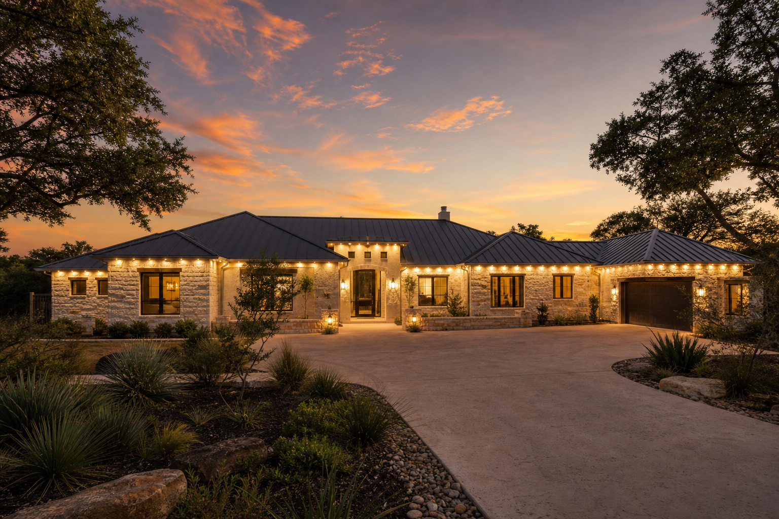 Texas Hill Country home with warm white permanent LED lighting along roofline at sunset