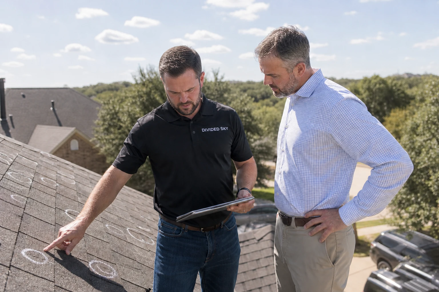 Divided Sky contractor meeting with insurance adjuster on roof