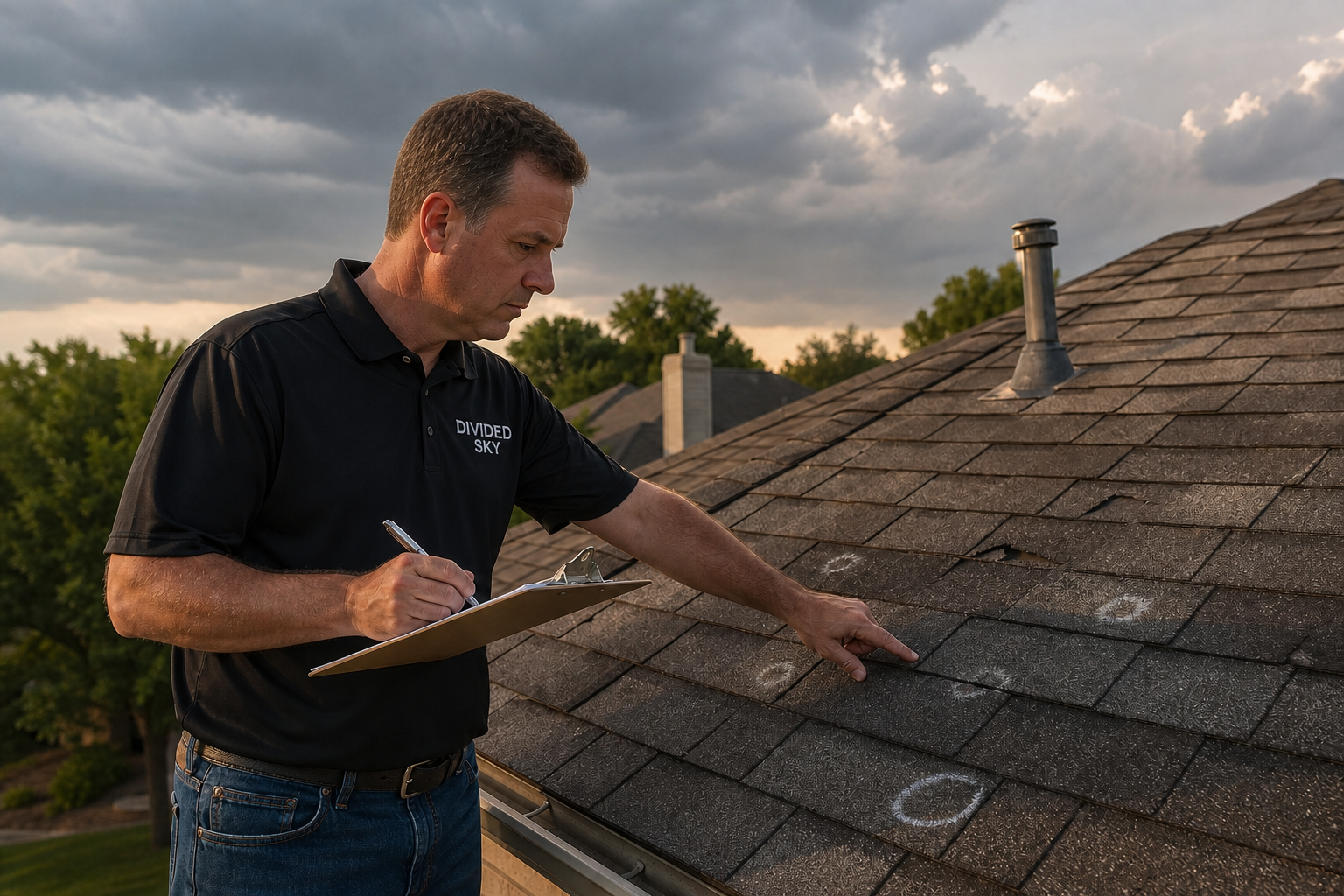 Divided Sky contractor documenting storm damage for an insurance claim