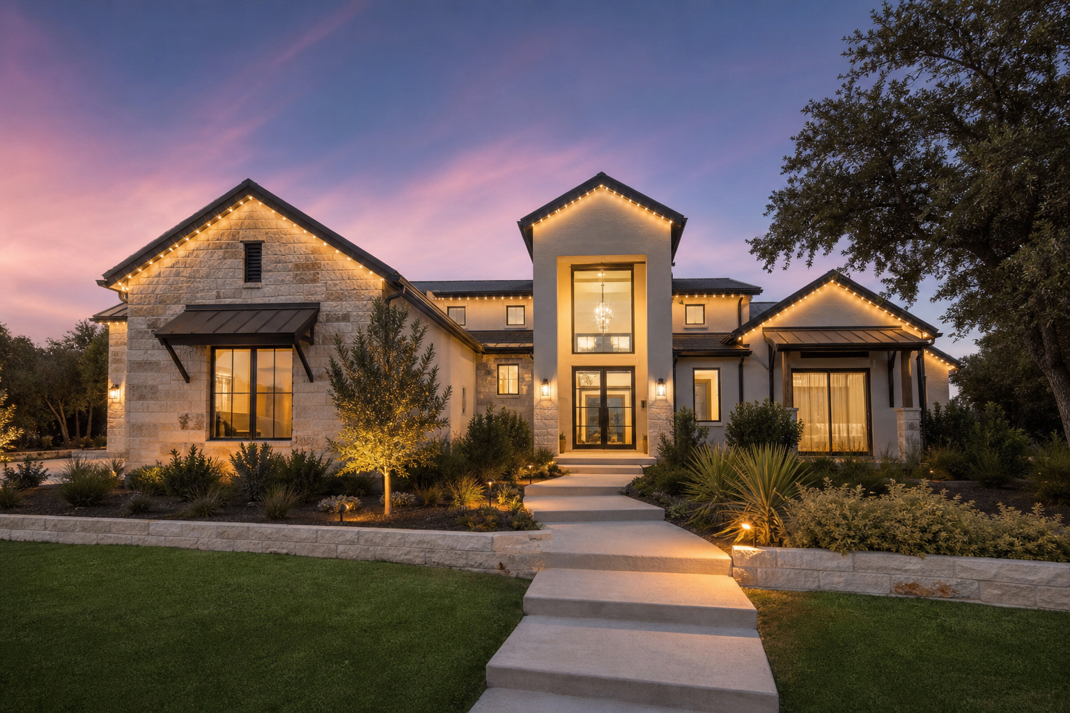 Beautiful home with permanent LED roofline lighting at twilight