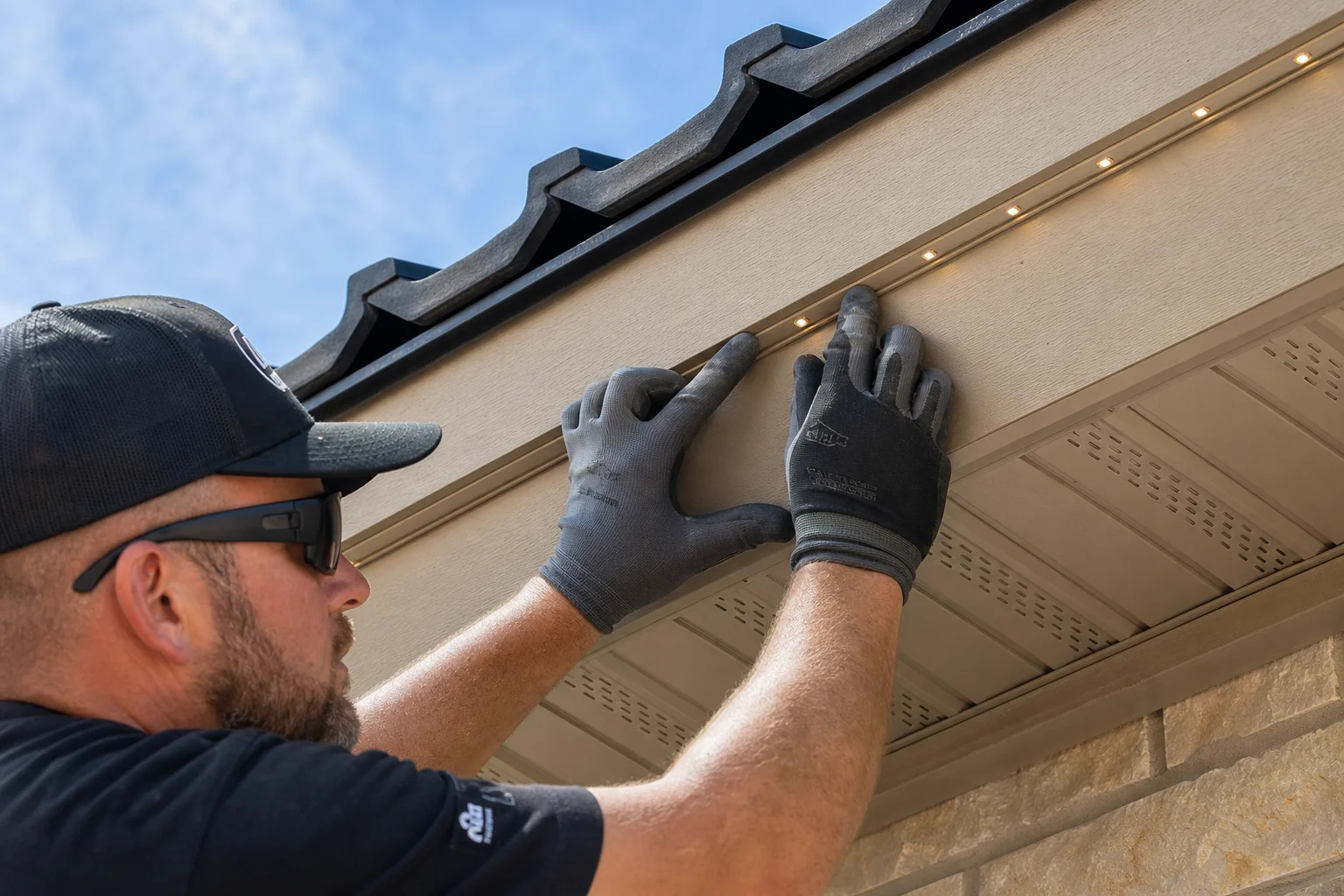 Professional installer mounting LED track on roofline