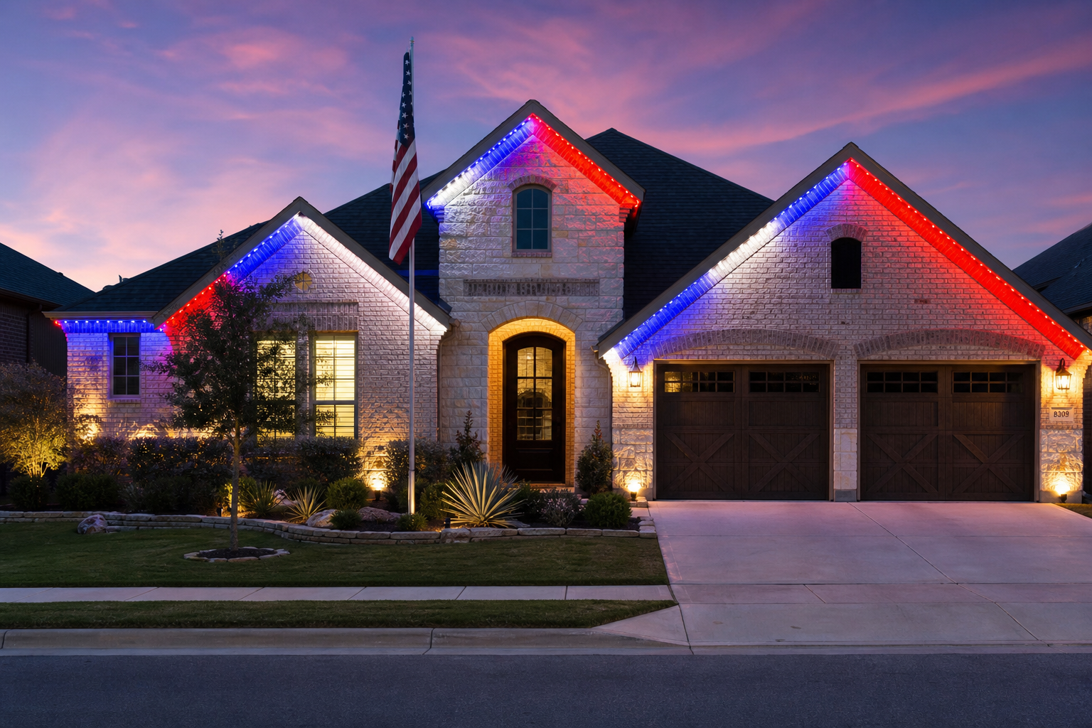 Red white and blue permanent LED lights for 4th of July