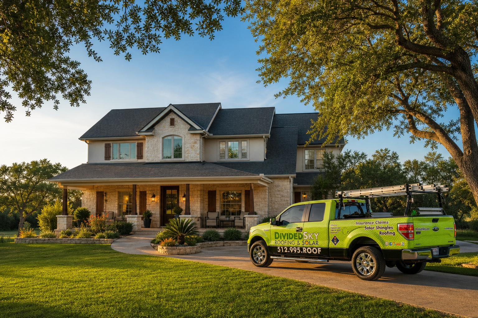 Beautiful Texas home with new roof and Divided Sky truck in driveway