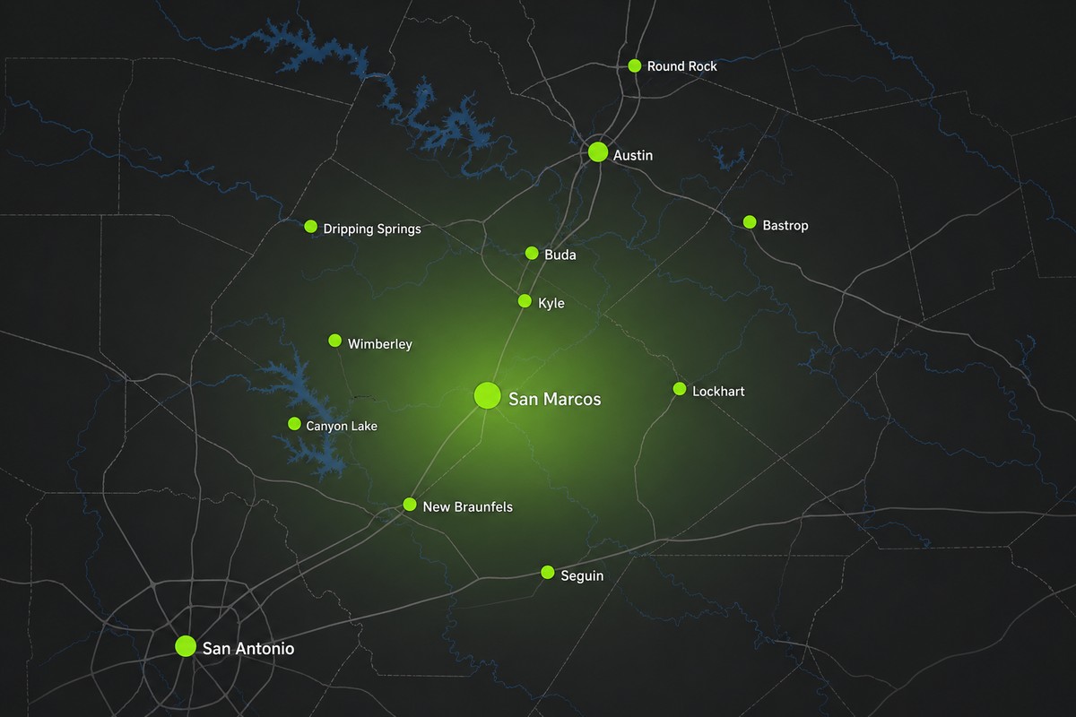 Divided Sky service area map — Central Texas from Austin to San Antonio