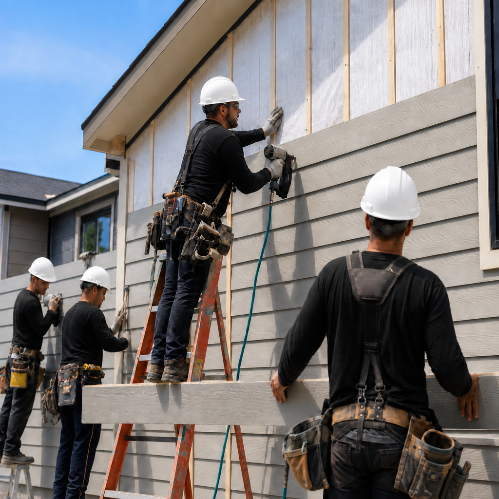 Divided Sky crew installing siding