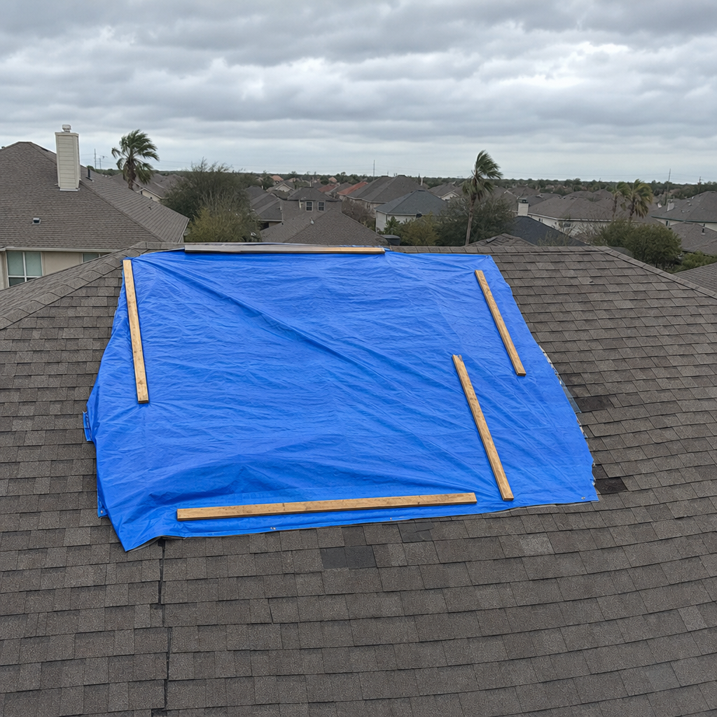 Emergency tarp on storm-damaged roof
