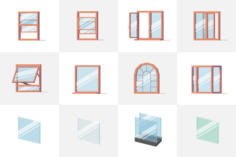 Illustration of various window styles and glass types.