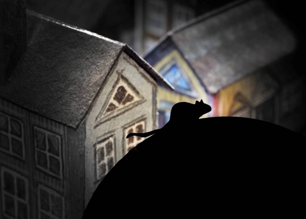 rat Silhouette Over Some Houses Roofs