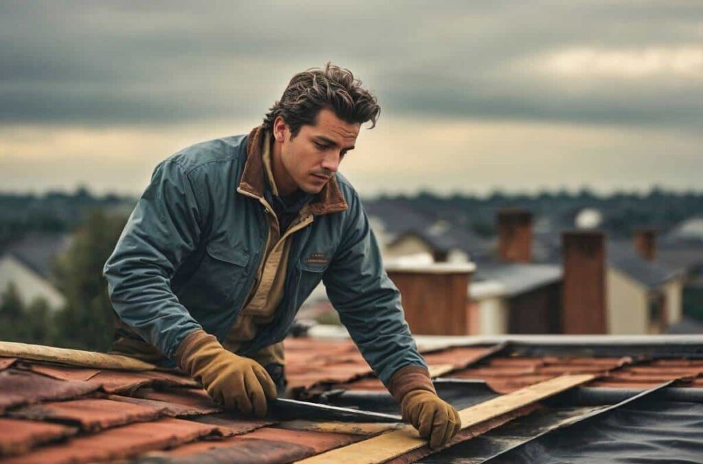 A worker installing shingles and performing Buda roofing services.