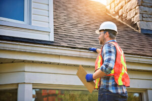 A worker wearing a hard hat and reflector vest is inspecting damage on a shingle roof.